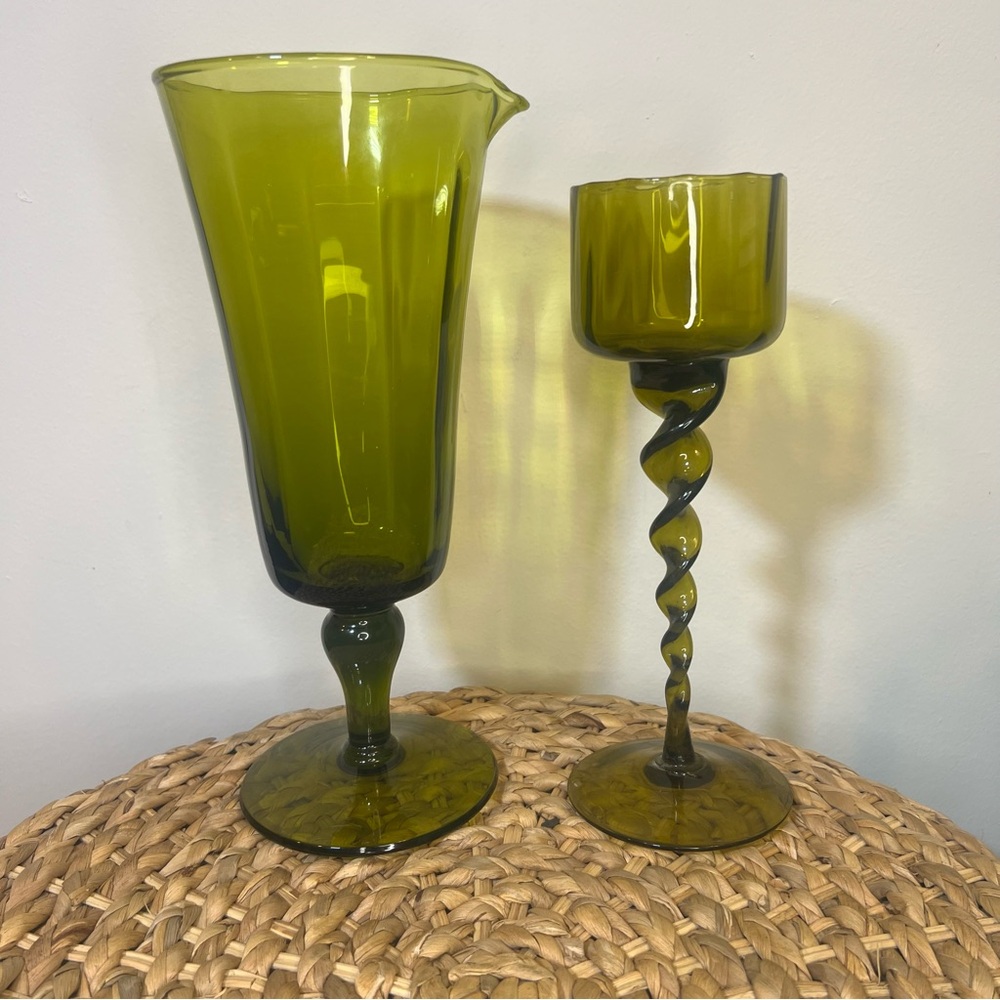 Midcentury Jewel Toned Green Glass Candleholder & Pitcher/Vase Set